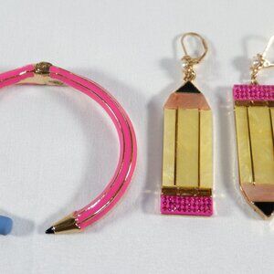 BETSEY JOHNSON Pink Pencil Bracelet & Acrylic Large Mismatched Pencil Earrings